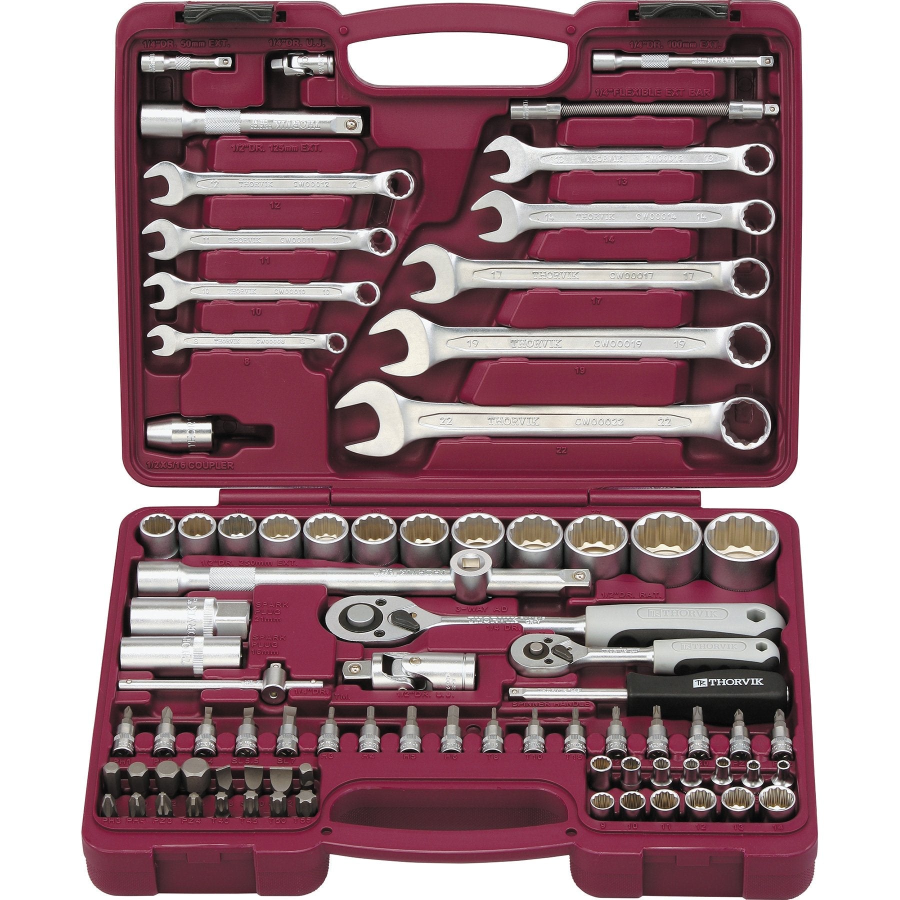 1/4", 1/2" DR Universal tool set with 12-point sockets 82 pcs UTS0082/12 Thorvik Tools